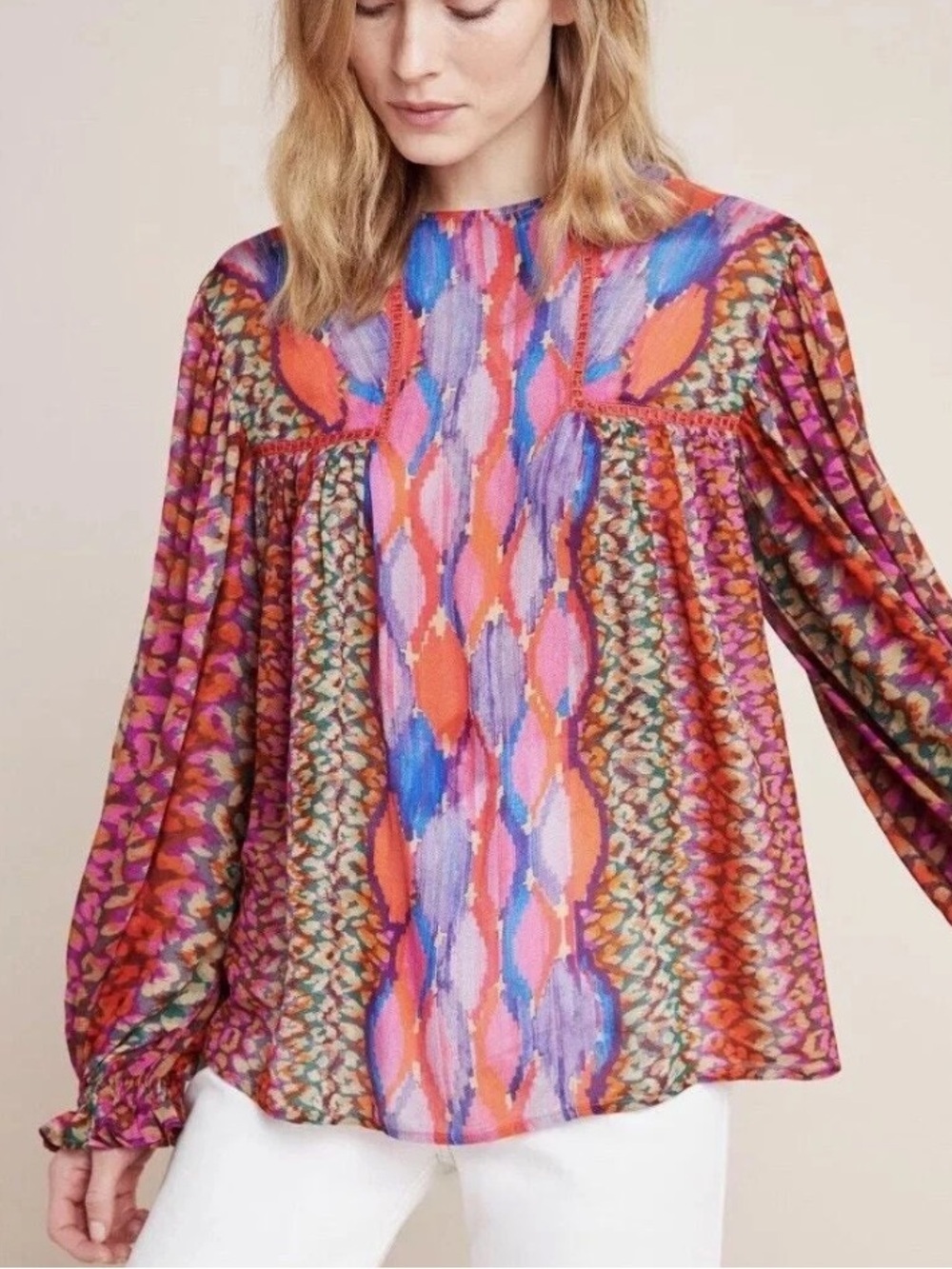 Anthropologie Bl-nk Miranda Peasant Blouse vibrant multicolored leopard diamond